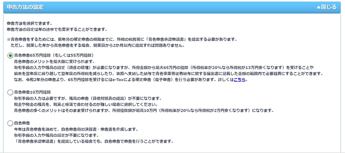 青色申告65万円控除を選択