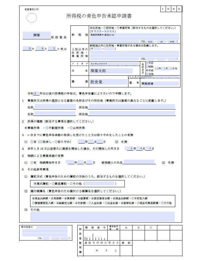 青色申告申請書の記入例